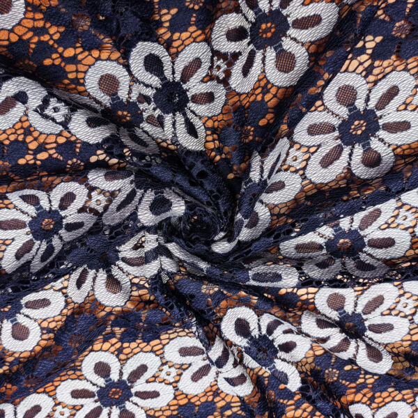 Tessuto pizzo elasticizzato motivo floreale blu - grigio