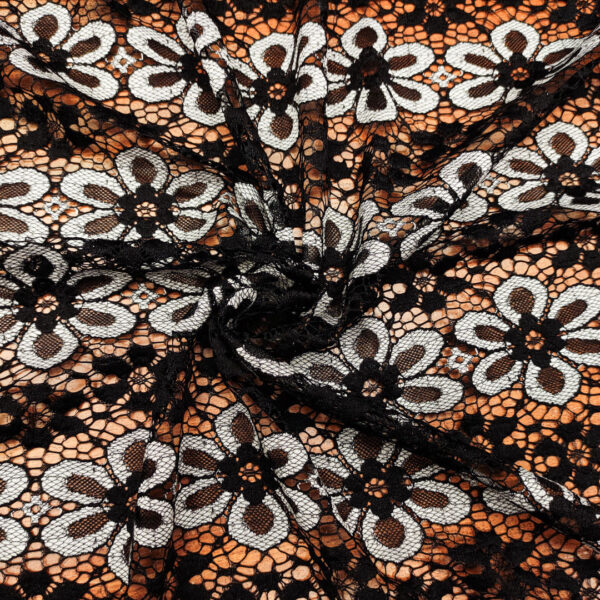 Tessuto pizzo elasticizzato motivo floreale nero - grigio