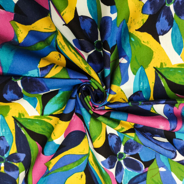 Tessuto Popeline di cotone a fantasia motivo floreale blu elettrico - giallo - fucsia