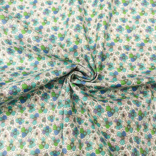 Tessuto Popeline di cotone a fantasia motivo floreale verde - turchese - rosa