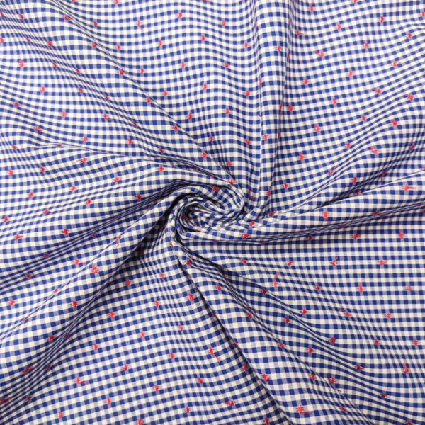 Tessuto Popeline di cotone a fantasia motivo quadretti bianco - azzurro - rosso