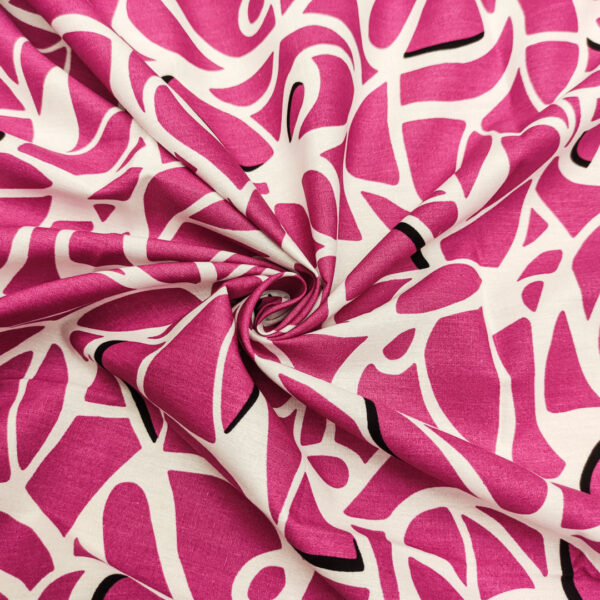 Tessuto Popeline di cotone a fantasia motivo astratto bianco - fucsia - nero