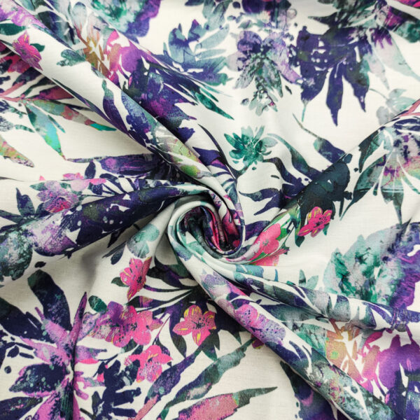 Tessuto Popeline di cotone a fantasia motivo floreale fucsia - viola - bianco