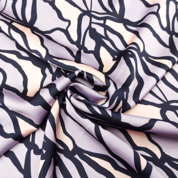 Tessuto Satin elasticizzato a fantasia motivo astratto lilla - rosa - blu