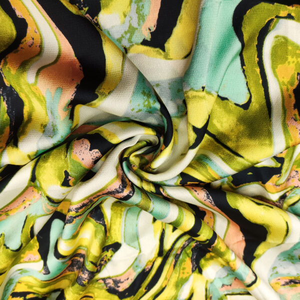 Tessuto Satin elasticizzato a fantasia motivo turchese - verde acido - nero