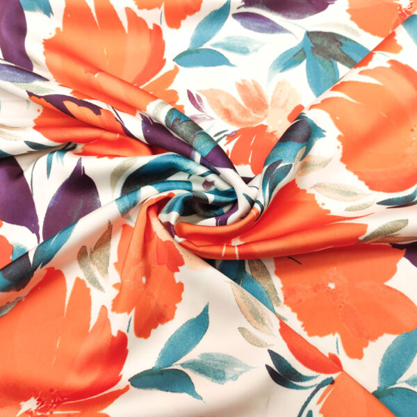 Tessuto Satin elasticizzato a fantasia motivo floreale arancio - viola - ottanio