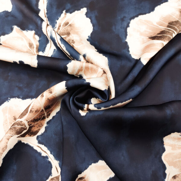 Tessuto Satin elasticizzato a fantasia motivo floreale blu - marroncino