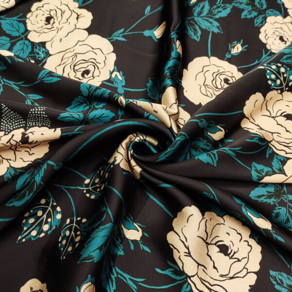 Tessuto Satin a fantasia motivo floreale nero - petrolio - beige
