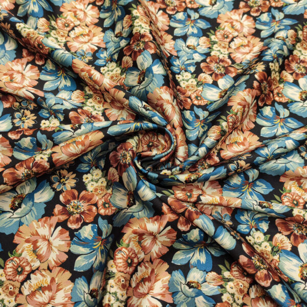 Tessuto Satin a fantasia motivo floreale nero - turchese - rosa antico