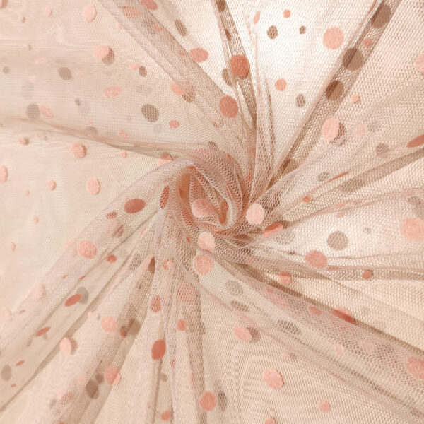 Tessuto Tulle floccato motivo pois tinta unita powder