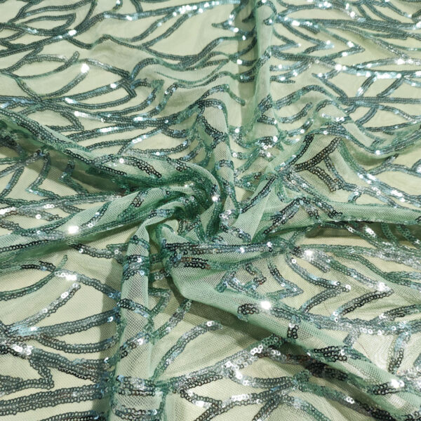 Tessuto Tulle Elasticizzato Ricamato con paillettes motivo astratto menta