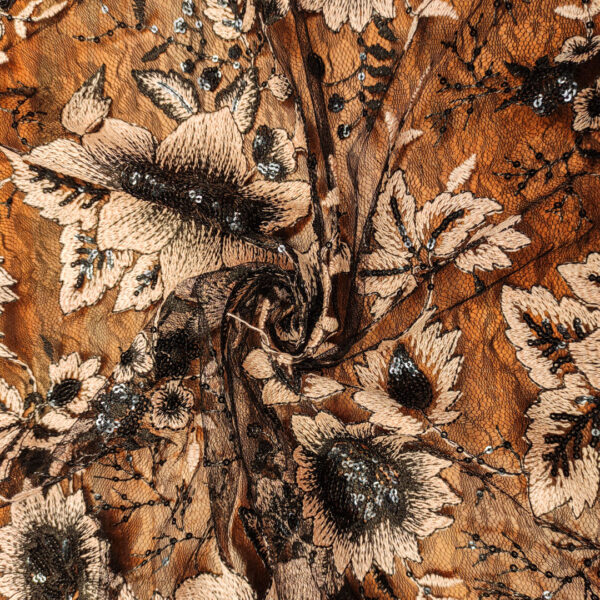 Tessuto Tulle Ricamato con paillettes motivo floreale nero - rosa antico