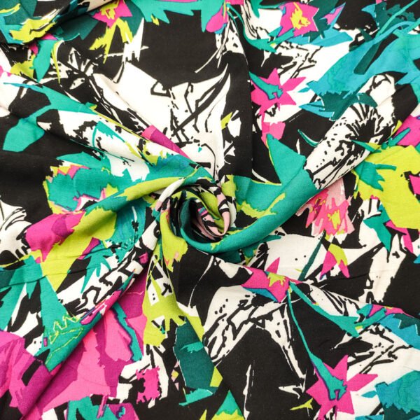 Tessuto Viscosa a fantasia motivo astratto verde smeraldo - fucsia - verde acido