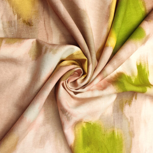 Tessuto Viscosa e lino a fantasia motivo astratto beige - verde acido