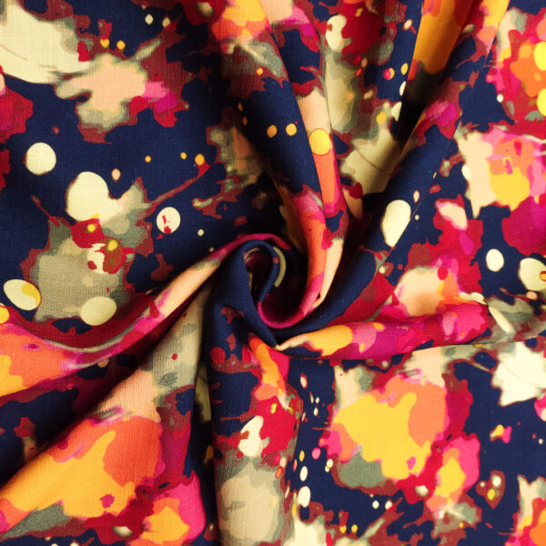 Tessuto Viscosa e lino a fantasia motivo astratto arancio - blu - magenta