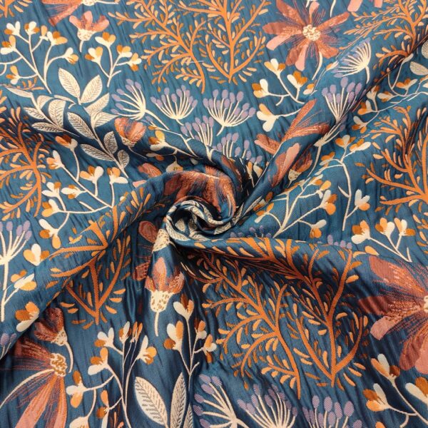 Tessuto Broccato motivo floreale blu - ocra - arancio