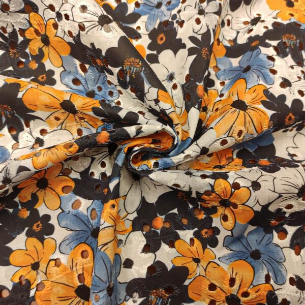 Tessuto Sangallo a fantasia motivo floreale arancio - blu - bianco