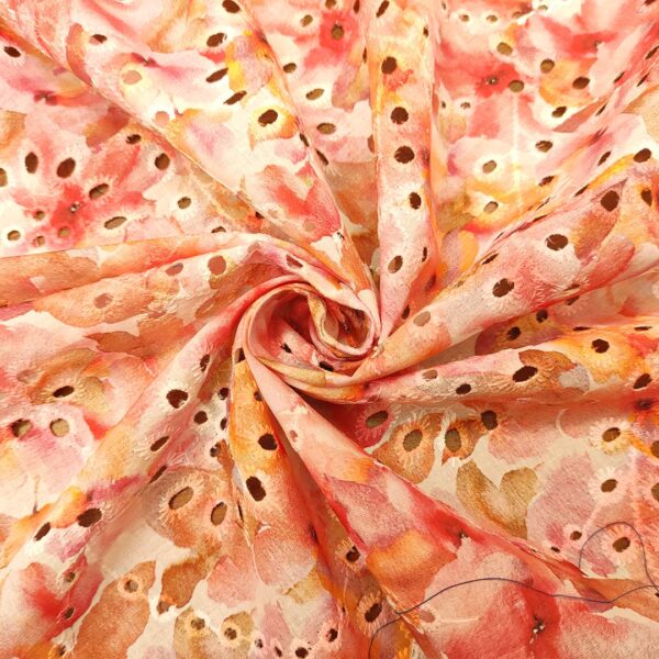 Tessuto Sangallo a fantasia motivo floreale arancio - pesco - bianco