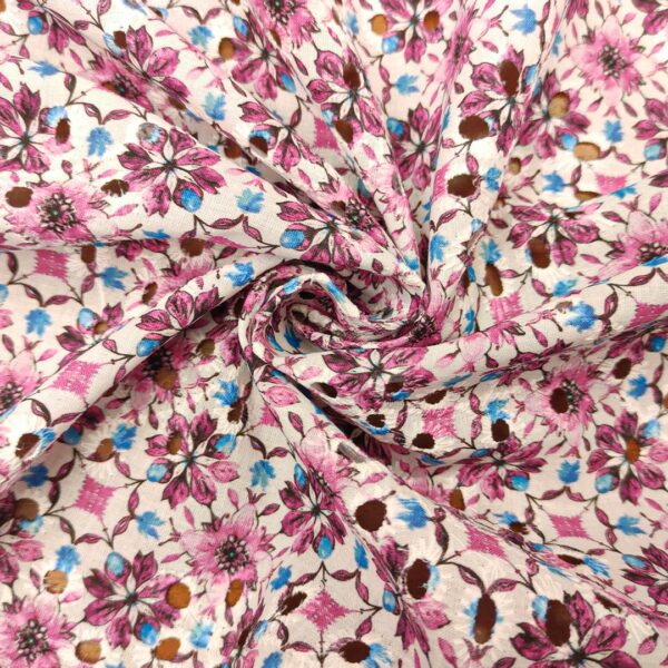 Tessuto Sangallo a fantasia motivo floreale bianco - fucsia - celeste