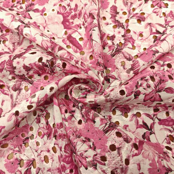 Tessuto Sangallo a fantasia motivo floreale bianco - fucsia