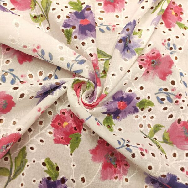 Tessuto Sangallo a fantasia motivo floreale bianco - fucsia - viola