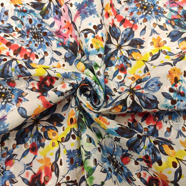 Tessuto Sangallo a fantasia motivo floreale blu - arancione - bianco - rosso