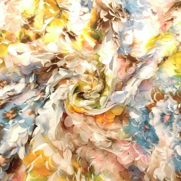 Tessuto Tulle mano seta ricamato con petali in 3D a fantasia motivo floreale carta da zucchero - giallo - rosa
