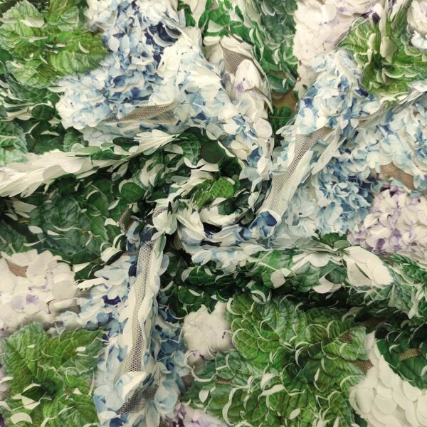 Tessuto Tulle mano seta ricamato con petali in 3D a fantasia motivo floreale verde - carta da zucchero - lilla