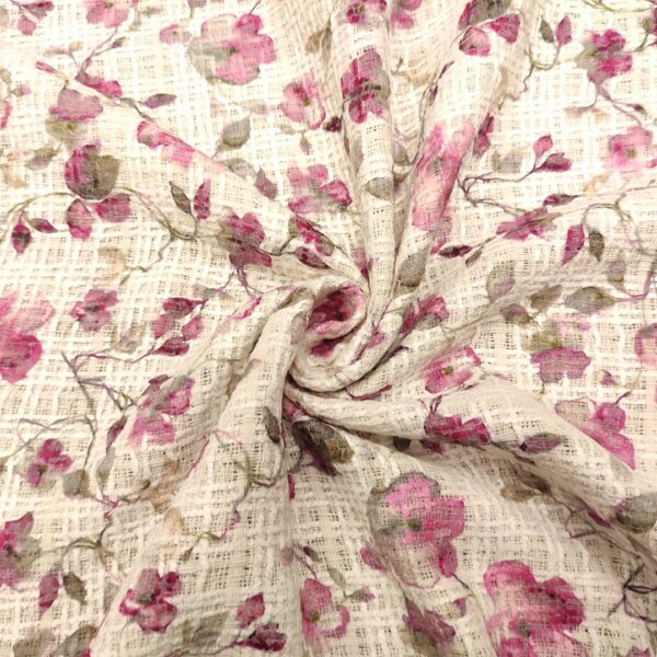 Tessuto Tweed Bouclé motivo floreale panna - fucsia