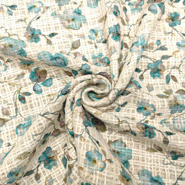Tessuto Tweed Bouclé motivo floreale ottanio - panna