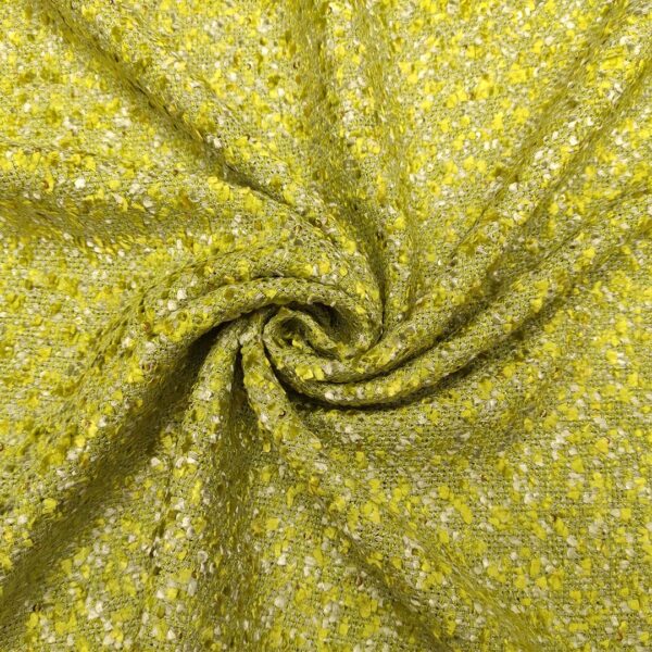 Tessuto Tweed Bouclé ricamato con micro paillettes bianco - verde acido