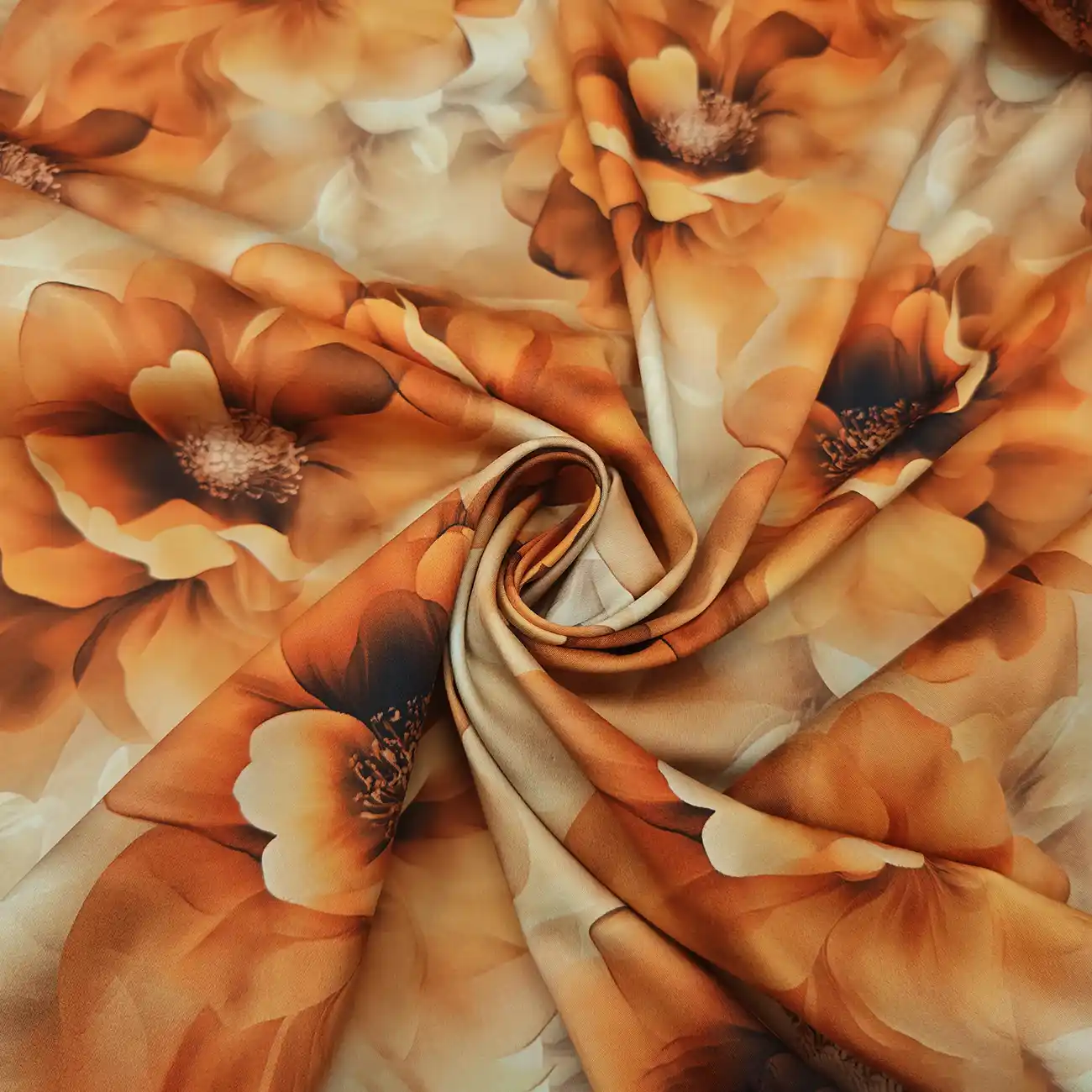 Tessuto Rasatello di cotone arancione beige coccio motivo floreale iaiatessuti