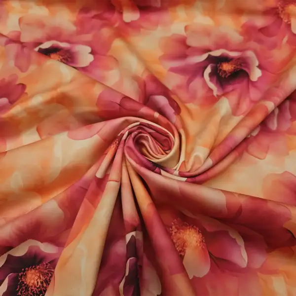 Tessuto Rasatello di cotone arancione magenta corallo motivo floreale iaiatessuti