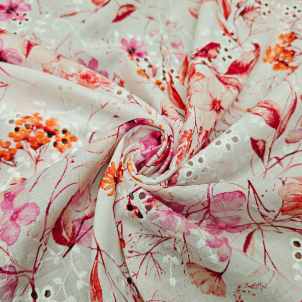 Tessuto Cotone leggero ricamato a fantasia motivo floreale bianco - fucsia