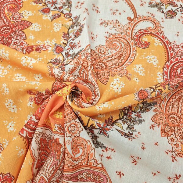 Tessuto Crepe effetto lino a fantasia motivo floreale cashmere arancio - rosso - panna