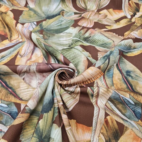 Tessuto Crepe effetto lino a fantasia motivo floreale cioccolato - ocra - beige