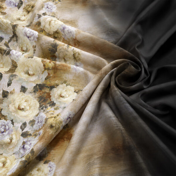 Tessuto Satin a fantasia motivo floreale acquerello nero - beige