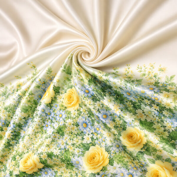 Tessuto Satin a fantasia motivo floreale giallo - verdino - celeste