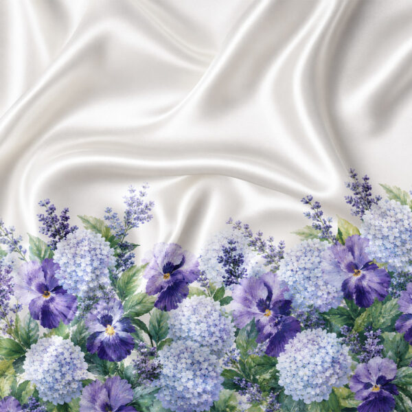 Tessuto Satin a fantasia motivo floreale lilla - verde - viola