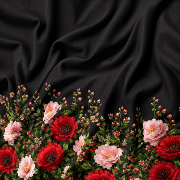 Tessuto Satin a fantasia motivo floreale nero - rosa - rosso