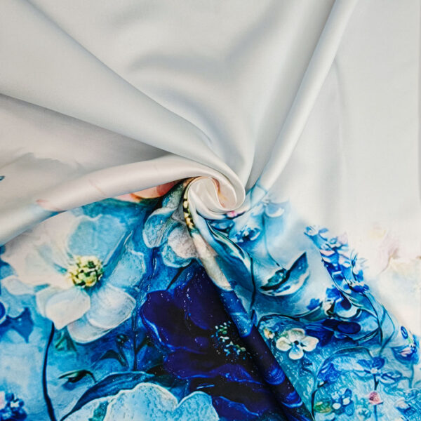 Tessuto Mikado a fantasia motivo floreale celeste - royal - giallino