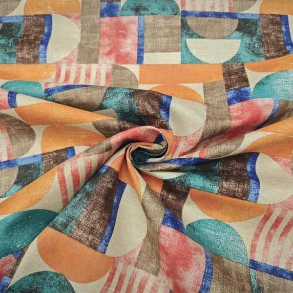 Tessuto Misto Cotone per arredo a fantasia motivo geometrico arancio - ottanio - beige