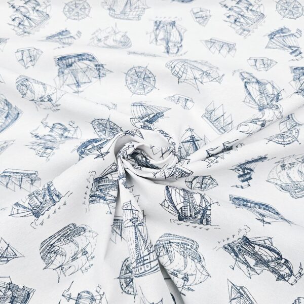 Tessuto Misto Cotone per arredo a fantasia motivo marino bianco - blu