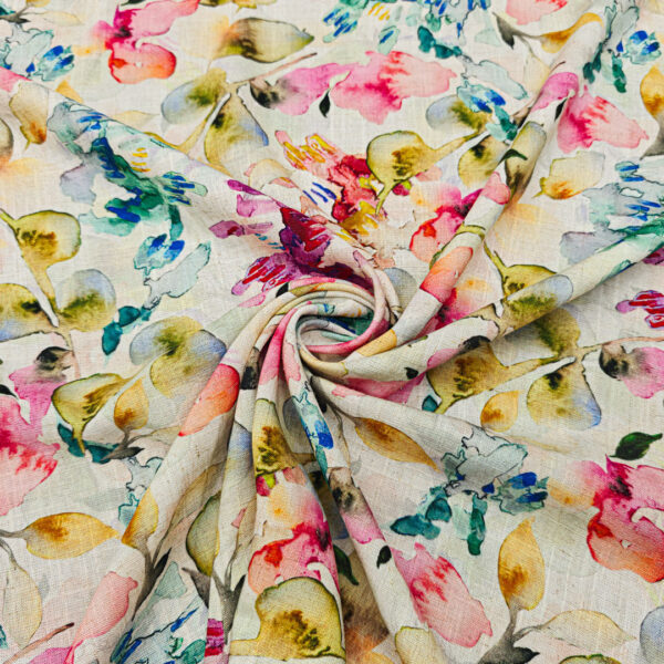 Tessuto Misto Lino a fantasia motivo floreale beige - smeraldo - magenta