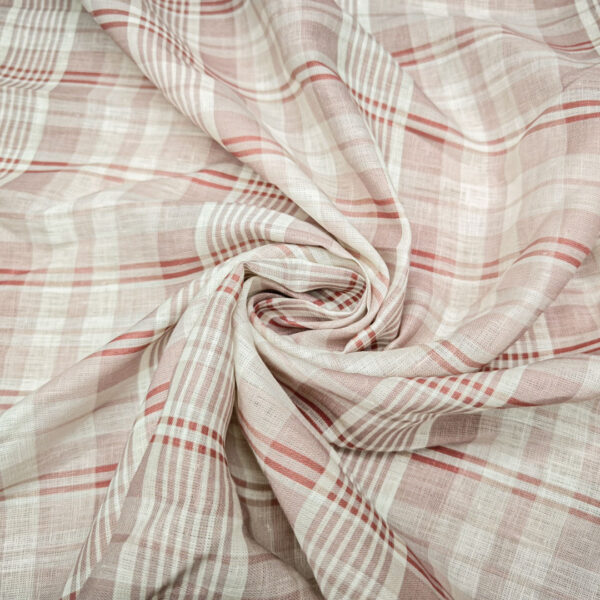 Tessuto puro Lino a fantasia motivo quadri bianco - rosa - lavanda