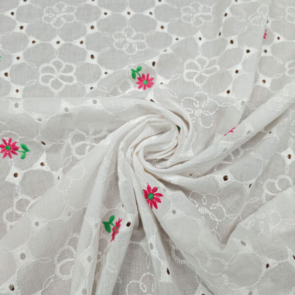 Tessuto Sangallo ricamato motivo fiorellino bianco - fucsia