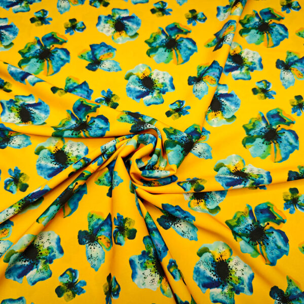 Tessuto Satin a fantasia motivo floreale giallo - ottanio