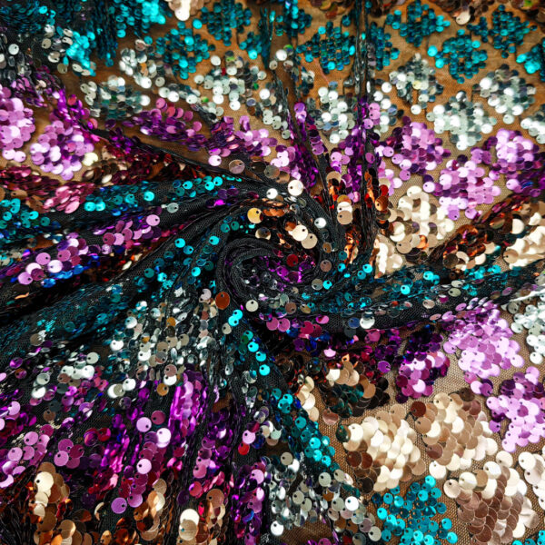 Tessuto Tulle Ricamato con paillettes motivo geometrico violet - turchese - nero