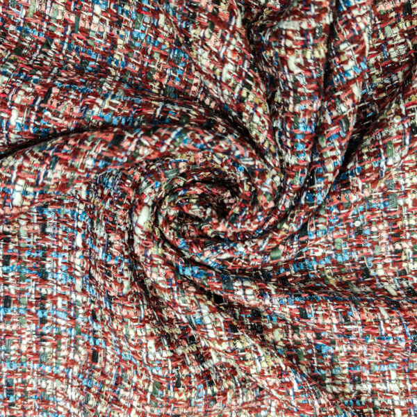 Tessuto Tweed Bouclé lurex geranio - carta da zucchero  - panna