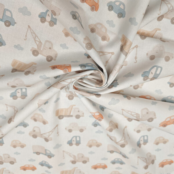 Tessuto Cotone percalle a fantasia motivo macchinine bianco - celeste - beige